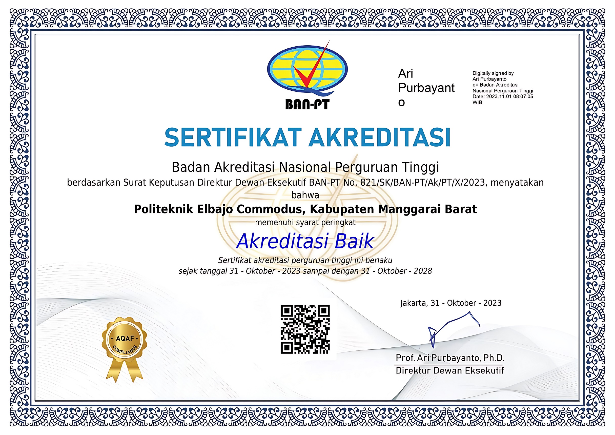 Sertifikat Akreditasi Perguruan Tinggi Politeknik eLBajo Commodus